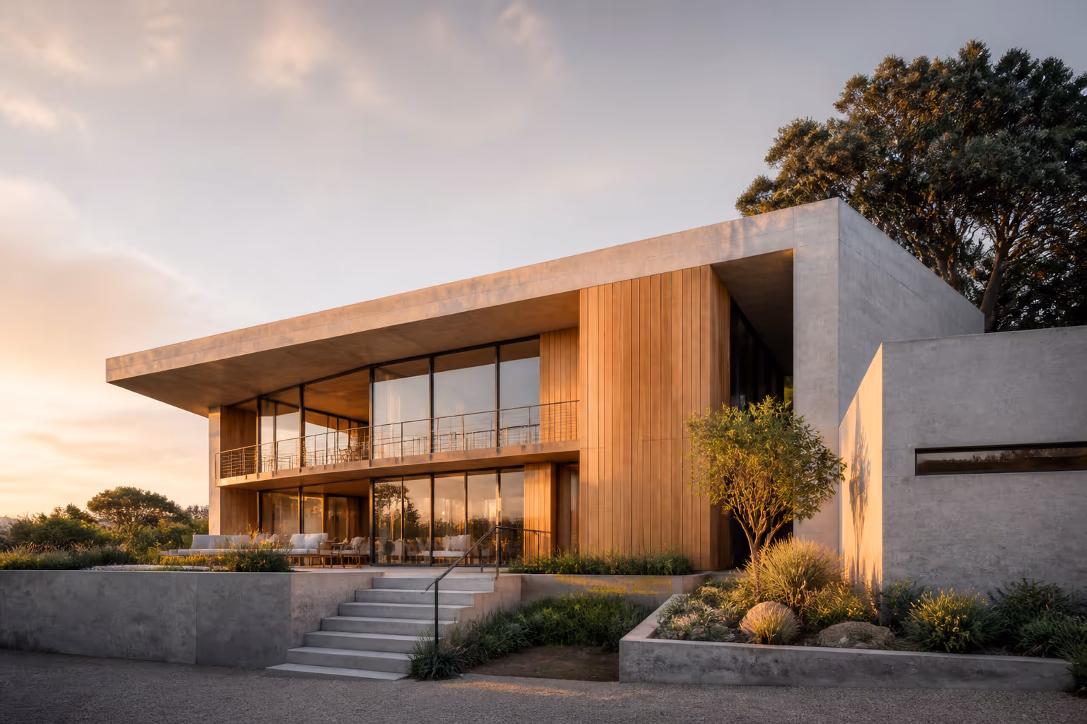 Minimalist concrete and warm-wood house with large glazing, photographed at golden hour
