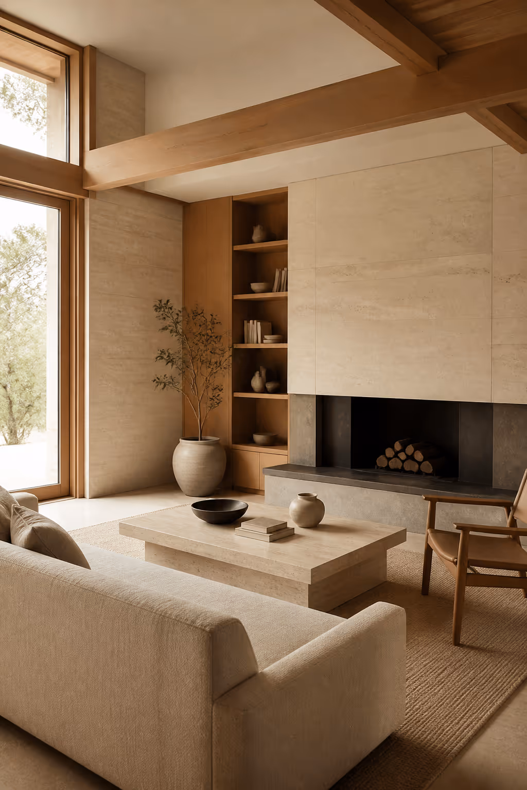Serene minimalist living interior in warm oak and travertine with large windows and soft natural light