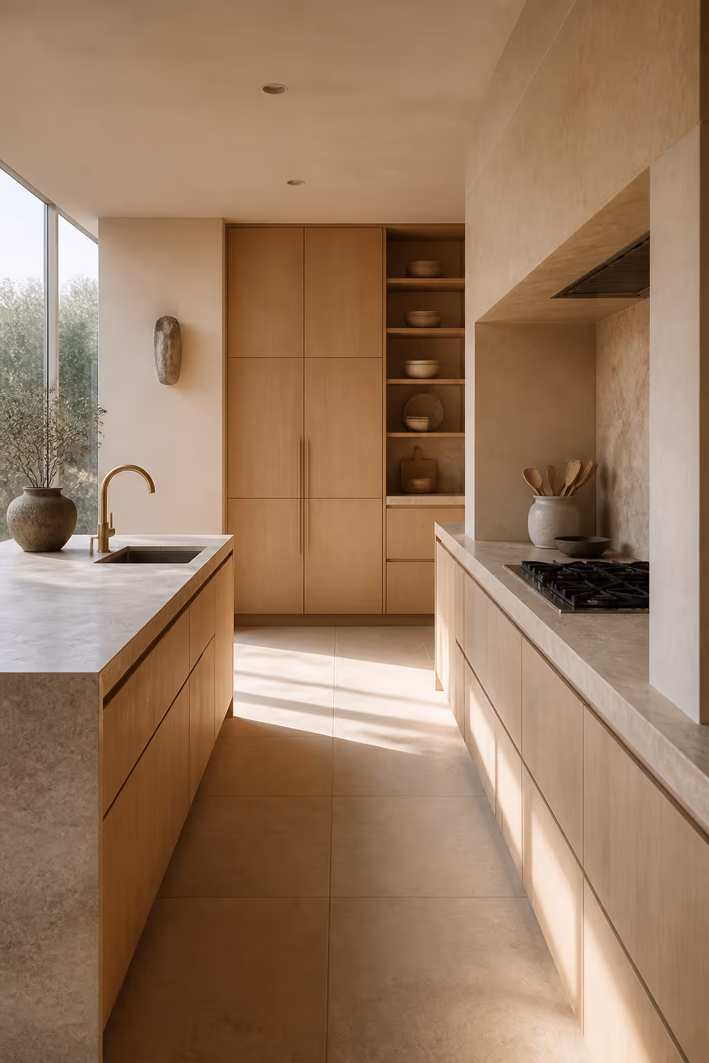Minimalist kitchen in stone and pale wood lit by morning light