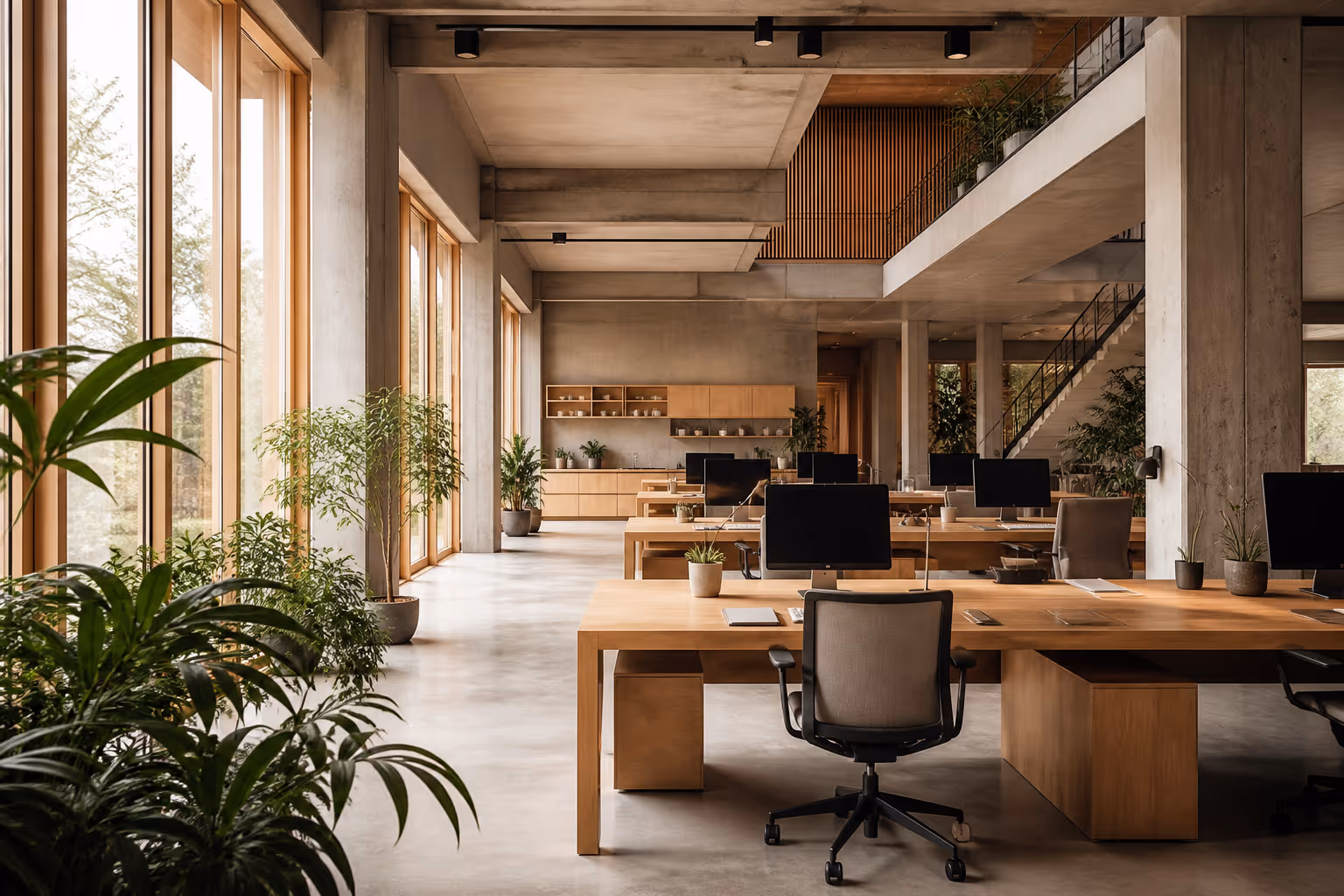 Open-plan minimalist workspace with natural materials and calm daylight